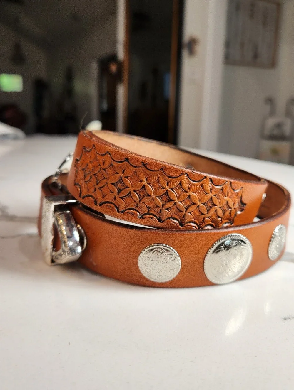 Vintage Size 40 Cuadra Tooled Tan Leather Western Concho Belt